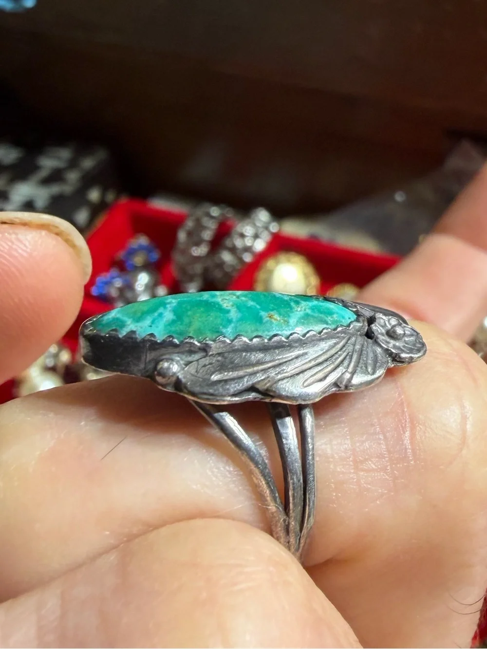 Vintage Navajo Sterling Silver Green Turquoise Leaf Floral Ring Size 5